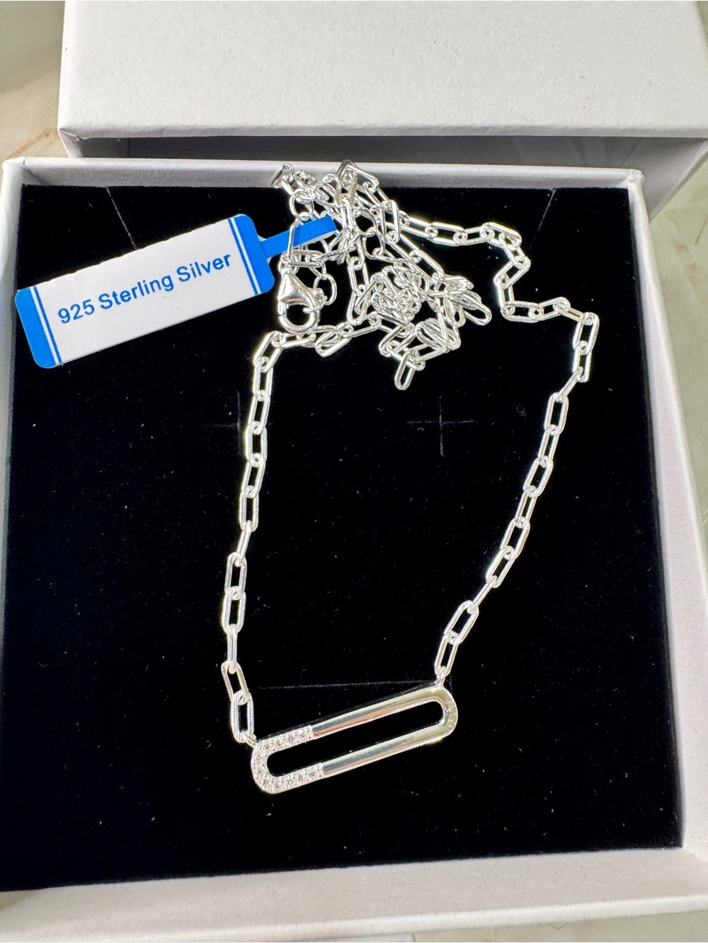 Sterling Silver Paperclip Necklace with Pave Bar - Silver